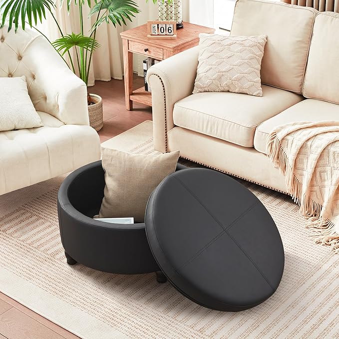 30-Inch Round Storage Ottoman, Modern Ottoman Coffee Table with Removable Top for Living Room, Bedroom, Office (Black)
