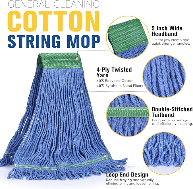 Matthew Cleaning Commercial Mop Head Replacement, 5 Inch Wide Headband, Looped End Cotton Blend String Wet Mops for Floor Cleaning, 28 oz Extra Large, Case Pack 12 Pcs Blue
