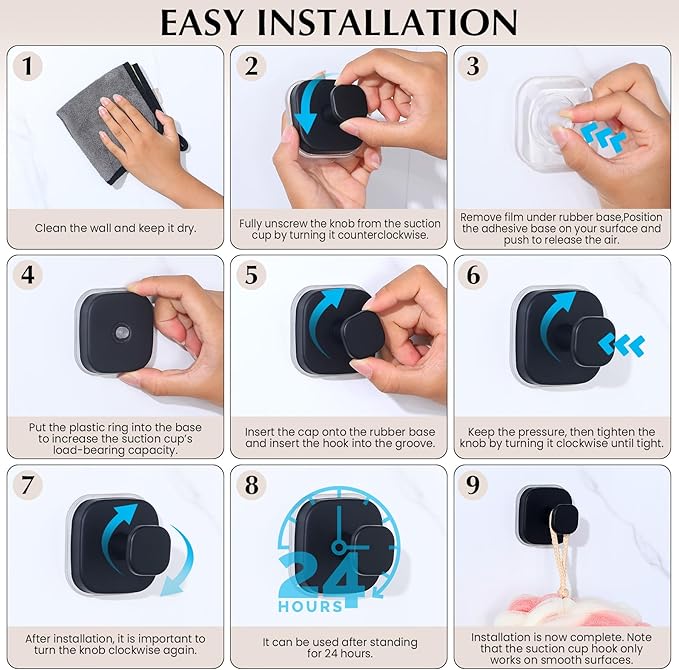 Suction Cup Hooks for Shower - Reusable No-Drill Mounting - Hooks for Towels, Robes & Loofah on Metal, Glass, Mirrors, Tile & Smooth Non-Porous Surfaces (4, Matte Black)