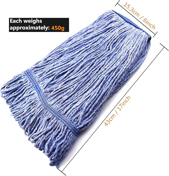 String Mop Heads Replacement Heavy Duty Commercial Grade Blue Cotton Looped End Wet Industrial Cleaning Mop Head Refills (6, Medium)