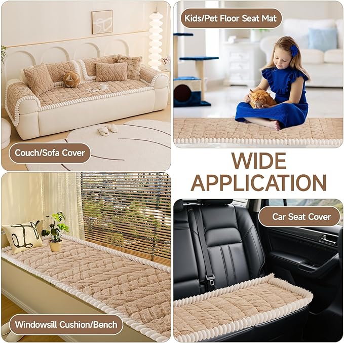 OTOB Plush Couch Cover for Dogs Washable, Non Slip Fuzzy Soft Armrest Backrest Sofa Slipcovers Geometric Jacquard Pet Friendly Couch Covers Protector All Season, 1 Piece (Coffee, 27.6"x27.6")