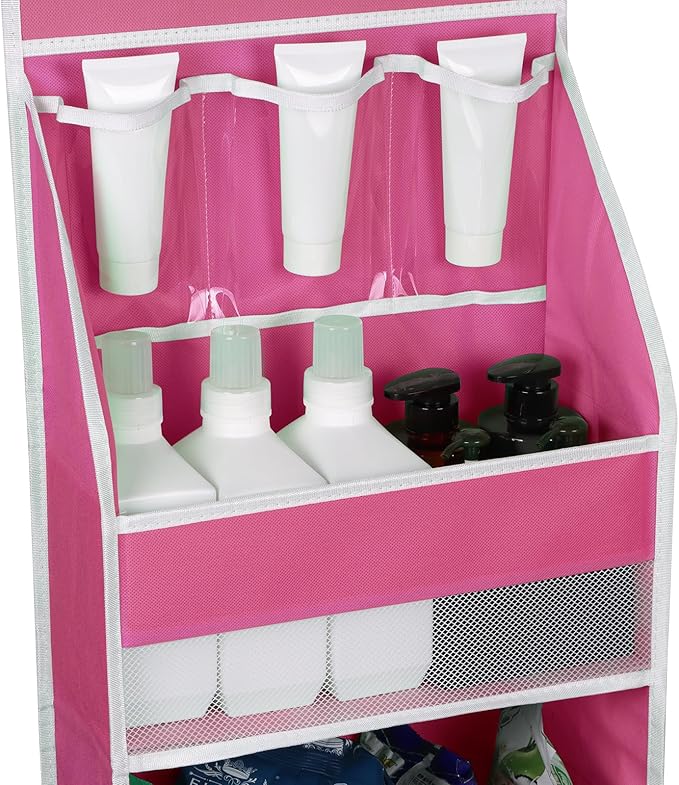 Univivi 6-Shelf Over Door Hanging Organizer Fabric Baby Door Storage with 5 Large Pockets and 3 Small PVC Pockets Wall Mount Hanging Storage Organizers for Baby Essential (Pink)