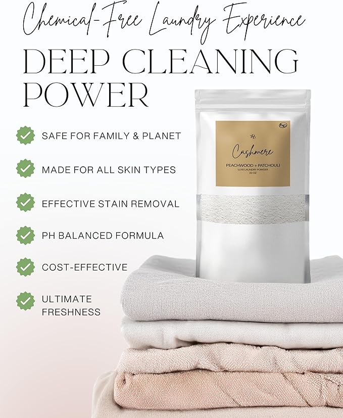 Home "CASHMERE" Laundry Detergent Powder & Laundry Booster – Ultra-Concentrated Peachwood & Patchouli Scent – Plant-Based, Stain-Fighting, HE Safe, Gentle on Skin – 32 oz / 64 Loads