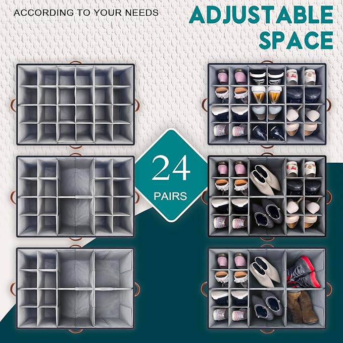 Shoe Organizer for Closet, Foldable Shoe Storage Bins with Clear Cover, Space Saving Shoes Holder with 4 Handles, Large Adjustable Shoe Box Storage Containers, Fits 12-24 Pairs, 1 Pack, Black