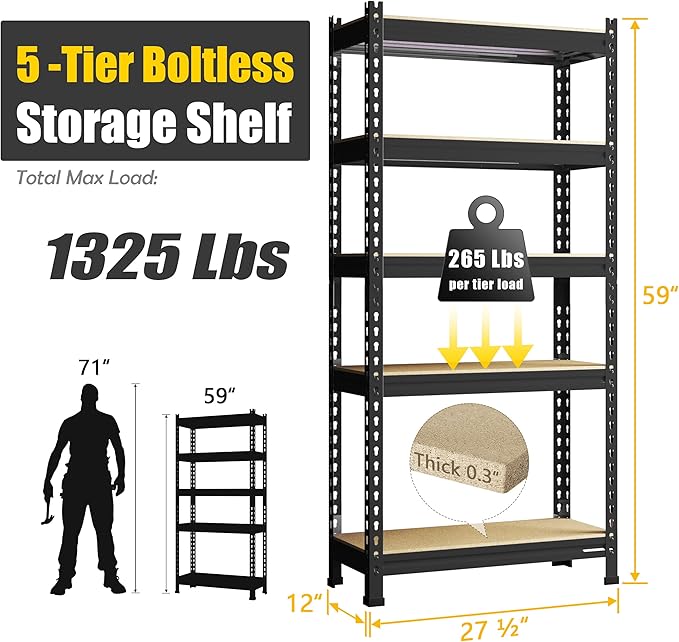 PrimeZone Storage Shelves 3 Pack 5 Tier Adjustable Garage Storage Shelving, Heavy Duty Metal Storage Utility Rack Shelf Unit for Warehouse Pantry Closet Kitchen, Black