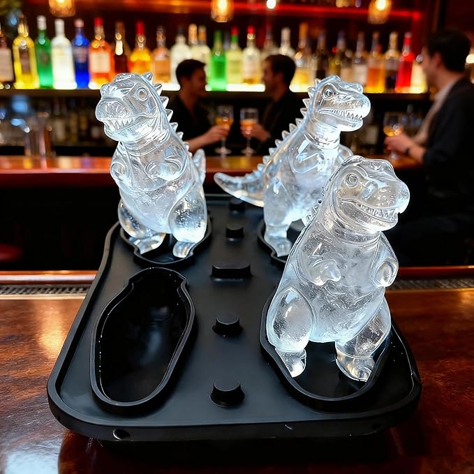7.48inch Newly Upgraded 4-grid 3D Dinosaur Ice Tray and Covered Silicone Ice Tray, Suitable for Bars, Outdoor and Home Use(1, 3 colors randomly)