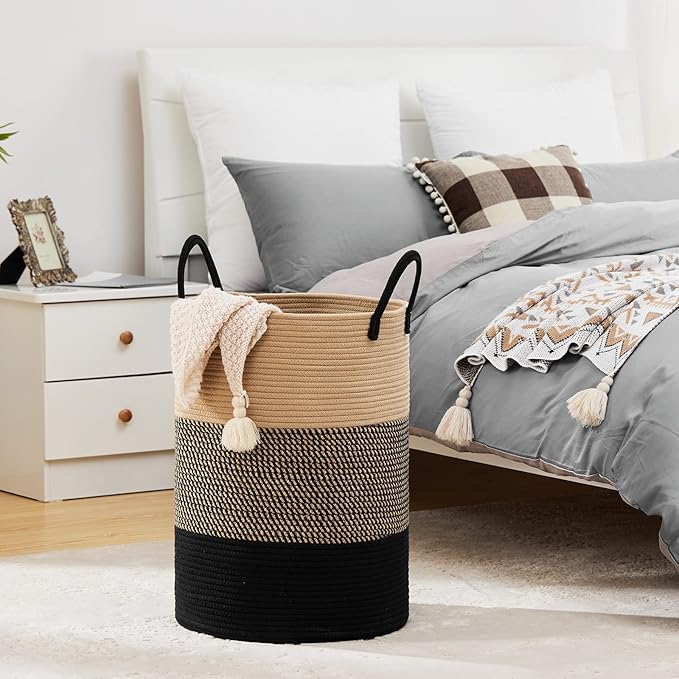 Fiona's magic 72L Large Woven Laundry Hamper, Tall Cotton Rope Storage Basket, Jute Baby Nursery Hamper for Blankets, Toys and Clothes in Bedroom and Living Room Organizing, Brown & Black