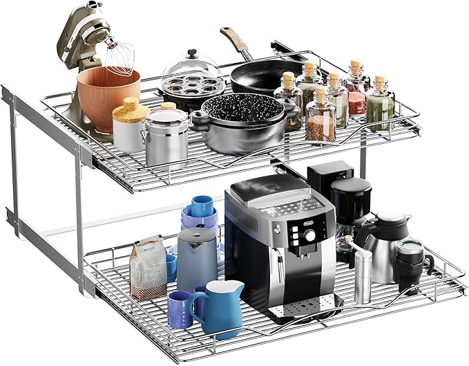 HOLDN’ STORAGE Two Tier Pull Out Cabinet Organizer, Individual Sliding Drawers - Heavy Duty Metal with Lifetime Limited Warranty - Anti Rust Chrome Finish - 30" W x 21”D x 16.5" H