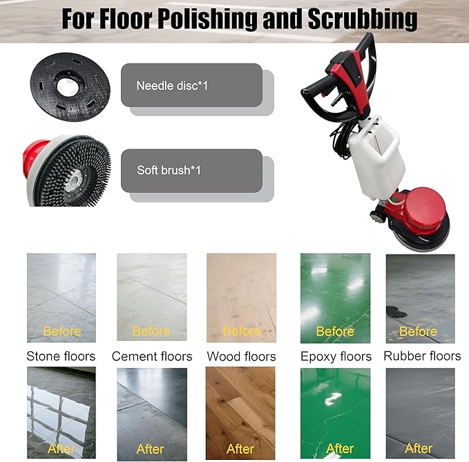 Floor Scrubber Buffer Heavy Duty Polisher Machine Polished Waxed Refurbished Tile Scrubber Cleaner Wood Marble Cement Pavement Epoxy Rubber Carpet Red Commercial Industrial Domestic