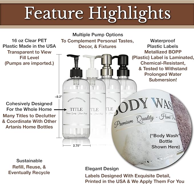 Clear Refillable Shampoo and Conditioner Bottles - Body Wash, Shampoo and Conditioner Dispenser - PET Plastic Shampoo Bottles Refillable with Pump - Waterproof Labels - 16 oz, 3 Pack (Black Satin)
