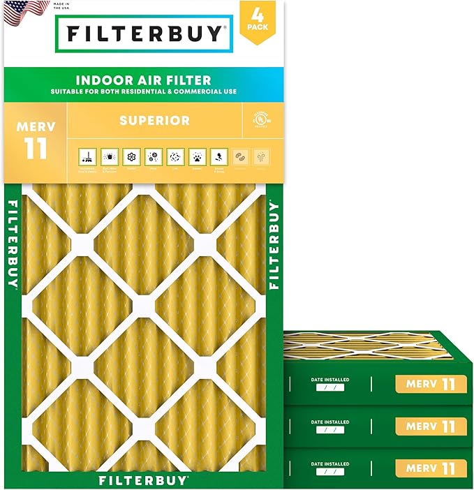 Filterbuy 12x24x2 Air Filter MERV 11 (MPR 1200) Allergen Defense Replacement (4-Pack), Electrostatic Pleated HVAC AC Furnace Filters, Made in USA (Actual Size: 11.38 x 23.38 x 1.75)