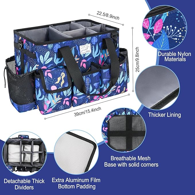 Cleaning Organizer, Large Caddy Bag for Supplies, Housekeeper's Bag with Handle (Blue Leaf)