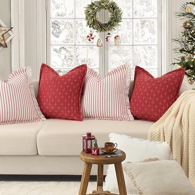 ZWJD Christmas Pillow Covers 24x24 Set of 2 Soft Polyester Textured Red Pillows with Stylish Flange Edge Cozy Farmhouse Christmas Decor for Couch Bed Sofa Living Room (Red)