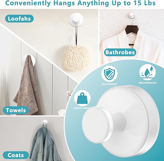Suction Cup Hooks for Shower,Removable No Drill Towel Hooks,Upgraded 15 lbs Strong Suction hooks for Bathroom Tile,Shower Wall,Glass Door,Kitchen-Loofah,Coat,Stainless Waterproof-White 4 Pcs