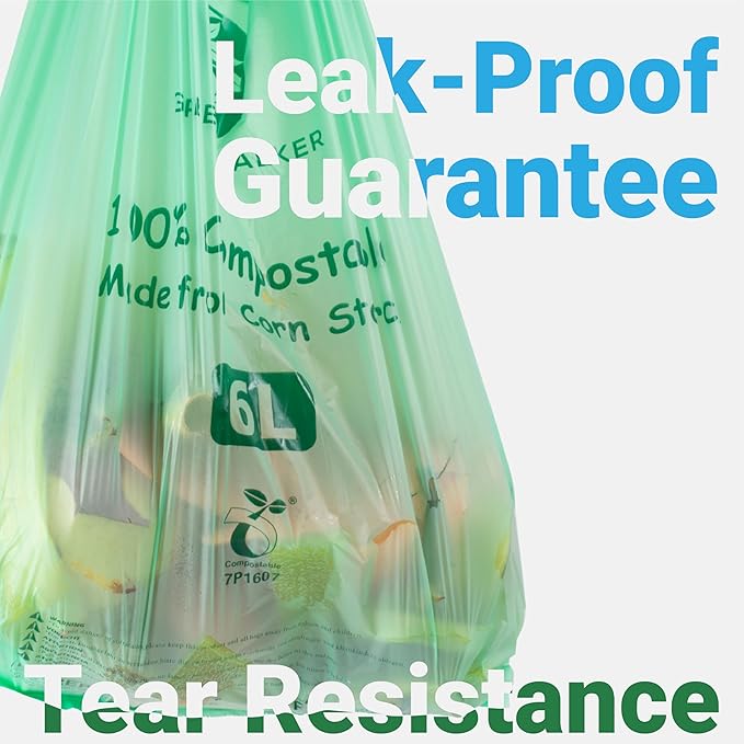 GREENER WALKER 100% Compostable Trash Bags with Tie Handles, 1.6 Gallon-150Bags, Food Scrap Kitchen Waste Bags with EN13432 Certified
