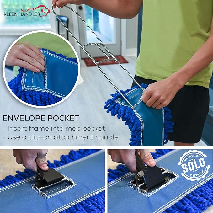 KLEEN HANDLER 48 Inch Microfiber Dust Mop, X-Large Washable Commercial, Sweeper, Janitorial Head Replacement, Push Mop Broom, Blue