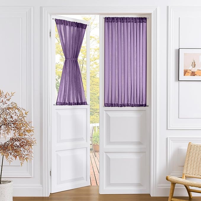 Tollpiz Short Sheer Curtain Linen Textured Curtain Sheers Doorway Light Filtering Voile Patio Glass Door Rod Pocket Curtains French Door, 54 x 54 inches Long, Royal Purple, Set of 1 Panel