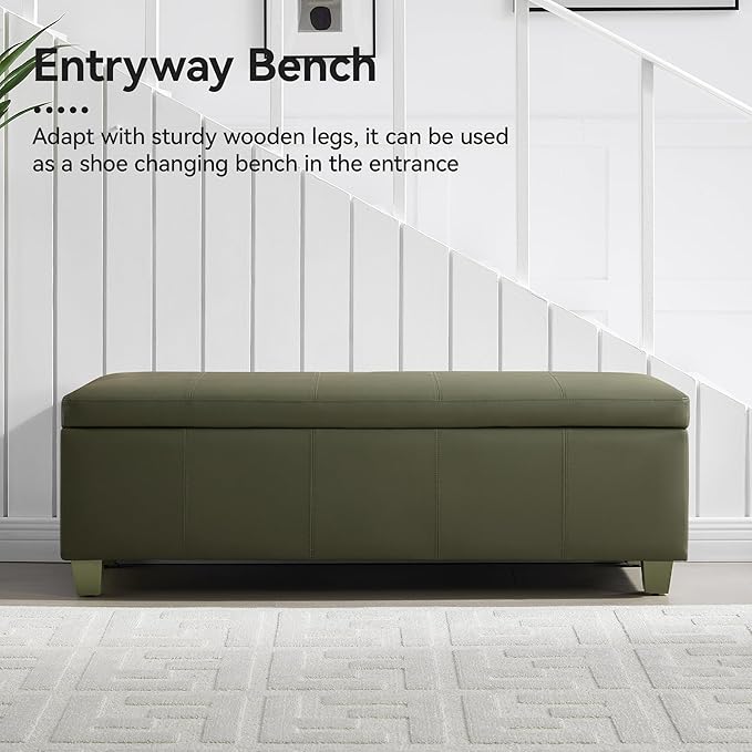 51" Faux Leather Storage Ottoman, Stitch Tufted Rectangle Upholstered End of Bed Storage Bench, Entryway Large Couch Ottoman with Wooden Legs,Green