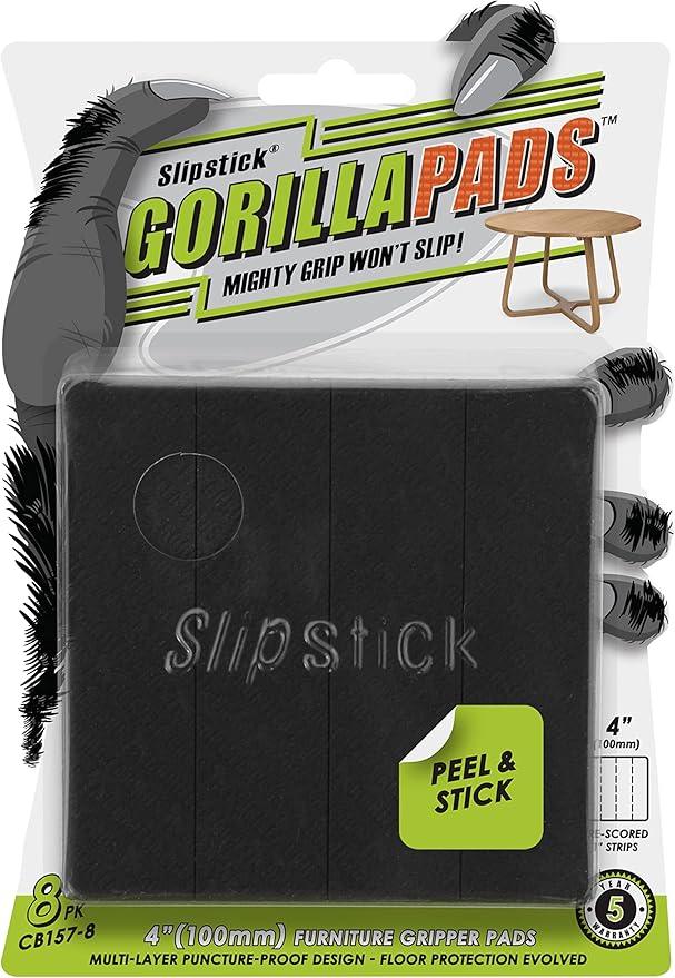 Slipstick GorillaPads Non Slip Furniture Pads/Gripper Feet Floor Protectors (Set of 8) Premium 4 Inch Pre-Scored Self Stick Rubber Stoppers for Furniture Legs