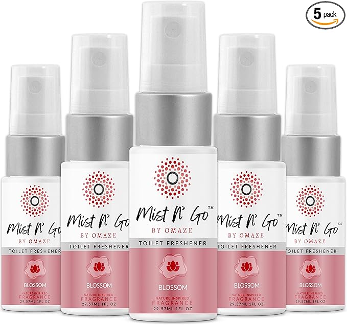 Mist N’ Go by Omaze Travel Bathroom Spray for Toilet Spray Odor Eliminator - Travel Toilet Spray for Bathroom Air Freshener Spray for Bathroom Deodorizer - Blossom Travel Size (1oz x5)