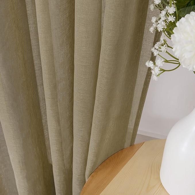 Tollpiz Short Sheer Curtains Living Room Linen Textured Curtain Sheers Light Filtering Voile Rod Pocket Curtains for Bedroom, 38 x 45 inches Long, Taos Taupe, Set of 2 Panels
