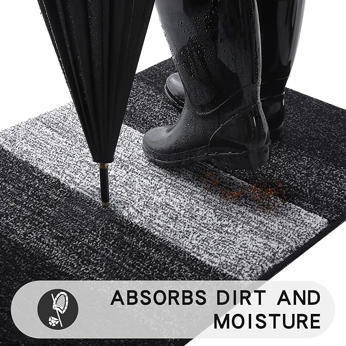 Kitinjoy Indoor Outdoor Door Mat, 47x20 Non-Slip Absorbent Dirt Trapper, Low-Profile Washable Inside Entrance Front Floor Mat, Sturdy Soft Entry Doormats for Entryway, Black