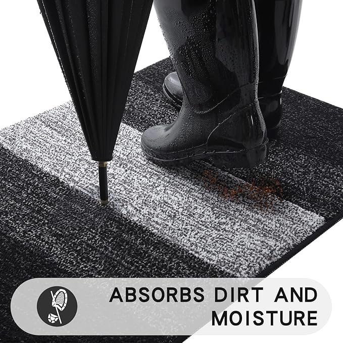 Kitinjoy Indoor Outdoor Door Mat, 48x30 Non-Slip Absorbent Dirt Trapper, Low-Profile Washable Inside Entrance Front Floor Mat, Sturdy Soft Entry Doormats for Entryway, Black