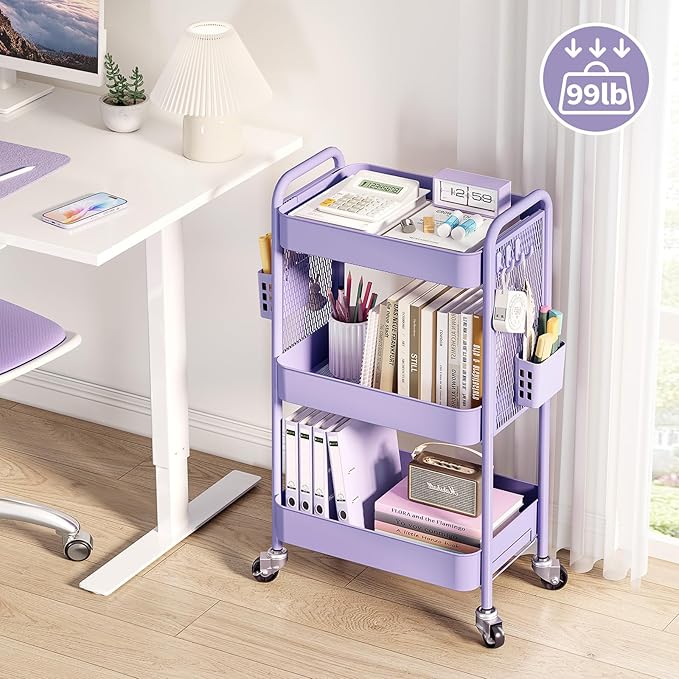 TOOLF 3 Tier Rolling Cart Storage Organizer, Metal Rolling Utility Cart with Wheels, Hooks & Bins Esthetician Craft Art Sturdy Storage with Pegboard for Bathroom, Kitchen, Office, Nursery Diaper