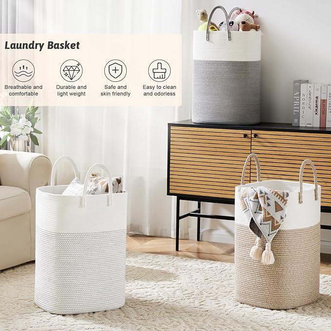 Laundry Basket,Woven Cotton Rope Laundry Hamper,Versatile Storage for Dirty Clothes,Baby Toys,and Blankets in Bathroom, Nursery,and Living Room (White, 100L)