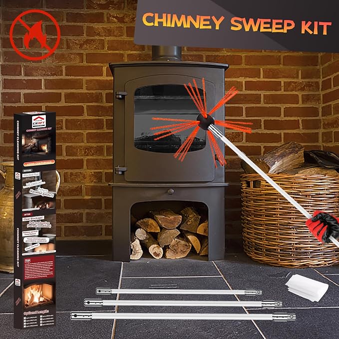 39 Feet Chimney Sweep Kit, Chimney Cleaning Kit with 12 Flexible White Chimney Rods, Chimney Brush for Sweeping Fireplace, Rotary Chimney Cleaning System Driven by Drill