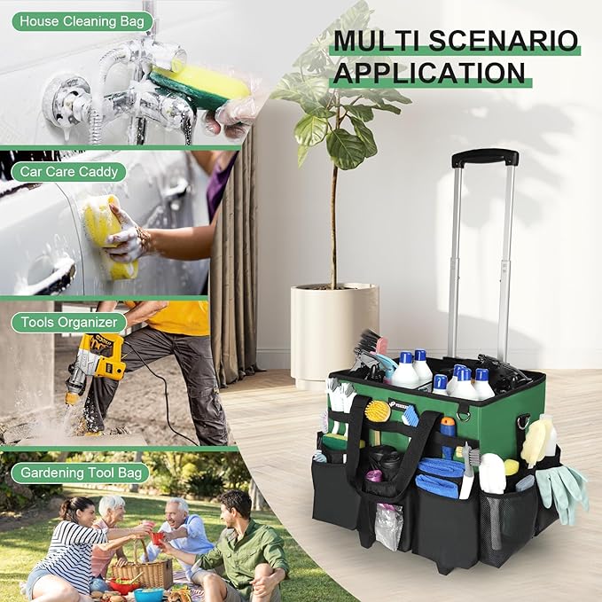 Large Rolling Cleaning Caddy Bag with Wheels, Cleaning Bag with Detachable Trolley, Cleaning Bags on Wheels for Housekeepers, Cleaning Cart Supplies Organizer for Home, Car, Picnic (Green)