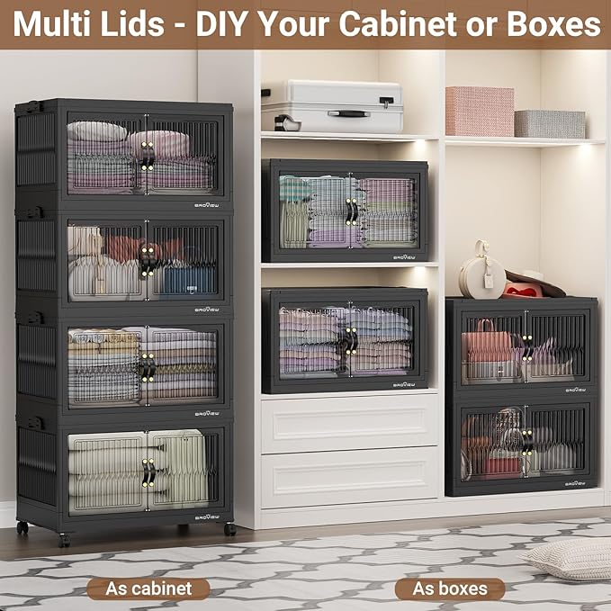 BROVIEW 480Qt Stackable Storage Bins with 4 Lids, Extra Large Closet Organizer Collapsible Drawer Boxes with Wheels, Folding Plastic Cabinet Containers for Home Kitchen Room Organization, 4Pack Black