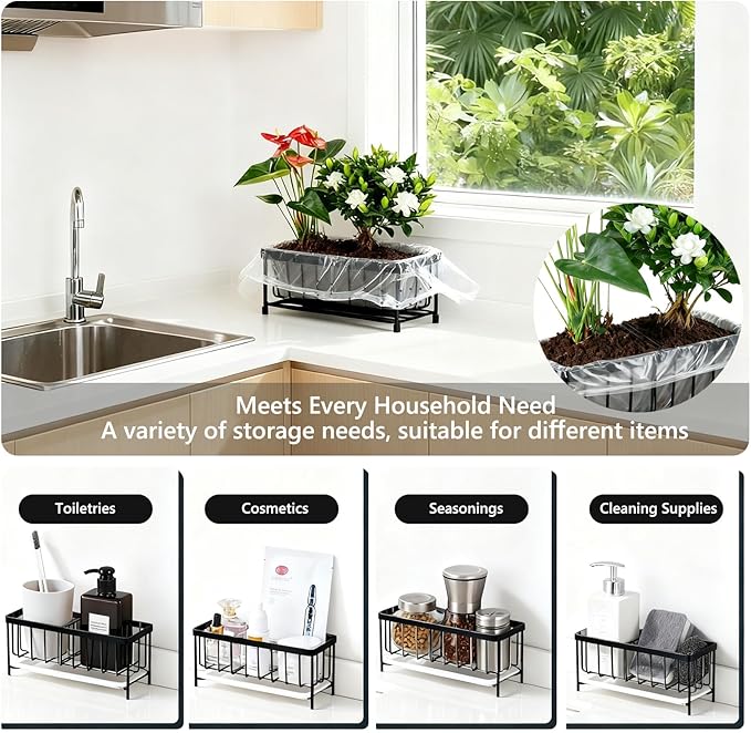 Kavciva Sink Caddy Sponge Holder,304 Stainless Steel Dish Brush Holder,Kitchen Countertop Sink Rack,Dish Soap Holder,Dishwashing Tool Drying Tray with Adjustable Partitions,Essential Kitchen Shelves