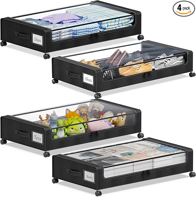 Under Bed Storage with Wheels, 4-Pack Under the Bed Storage Containers with Clear Lids & Label, Underbed Storage Bins, XXL 60L Rolling Metal Drawer for Clothes, Shoes, Toys, Books - Black