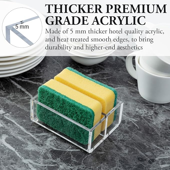 MyGift Modern Premium Clear Acrylic Sponge Holder for Kitchen Sink, Counter Dual Sponge Storage Rack, Countertop Caddy with 2 Compartments for Dish Cleaning Sponges or Scrubbing Pads