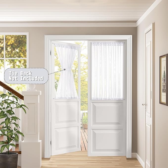 Tollpiz Small Sheer Door Curtain Closet Linen Textured Curtain Sheers Doorway Light Filtering Voile French Door Rod Pocket Curtains Patio Glass Door, 25 x 40 inches Long, White, Set of 1 Panel