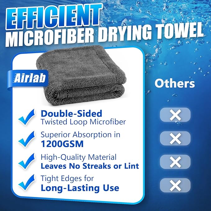 Airlab Car Drying Towel Microfiber Towels for Cars 1200 GSM Wash Auto Detailing Supplies Twist Pile Cleaning Cloth Absorbent Quick Dry Soft Loop Dry Flash Towel, 24 x 16 Inch, Pack of 1, Grey