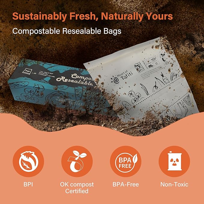 Compostable Food Storage Bags, Large Gallon Resealable Freezer Bags, 30 Count, 10.5 x 10.6 inches, Extra Thick and Reusable, Eco-Friendly, Certified US BPI ASTM D6400 Europe OK Compost
