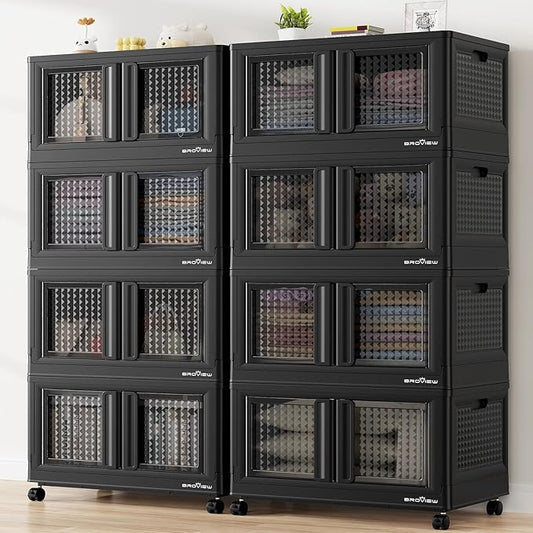 BROVIEW 160Gal Stackable Storage Bins with Lids & Wheels, 640Qt Plastic Collapsible Closet Organizer and Storage Drawers, Storage Boxes Cabinets for Home, Office, 8 Pack, Black
