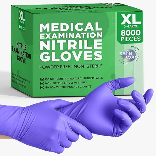 SafeWay Nitrile Disposable Gloves — Multi-Purpose Powder-Free, Non-Latex, Medical Use, and Textured Fingertips for Food Prep, Cleaning, Tattoo, Nursing, Lab, Examination, & More — (8000pcs, X-Large)