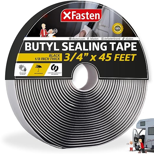 XFasten Butyl Tape RV Black, 3/4 in x 45 Ft, 1/8 in Thick EDPM Rubber Sealant Tape - Roof Patching, Boat Sealing, Leak Proof Butyl Putty Tape