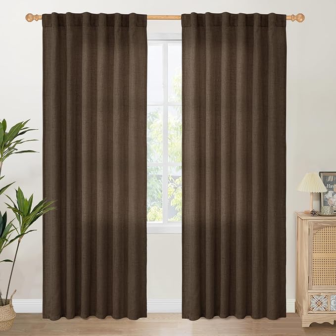 YoungsTex Brown Linen Curtains 84 Inch Length for Living Room, Chocolate Semi Sheer Drapes with Back Tab Rod Pocket Light Filteringfor Bedroom Dining Farmhouse, 2 Panel, 52 X 84 Inch