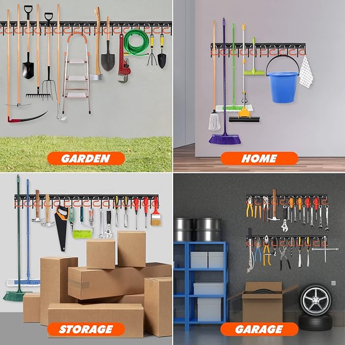 68'' All Metal Garden Tool Organizer Wall Mount Garage Tool Organizers and Storage Broom Holder Wall Mount with Hooks Tool Hangers for Shed