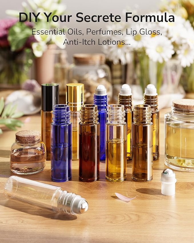 ULG Essential Oil Roller Bottles 48 Pack 10ml Cobalt Blue Glass Empty Bottles with Stainless Steel Roller Balls (10 Extra Roller Balls, 4 Openers, 4 Droppers, 48 Waterproof Labels)