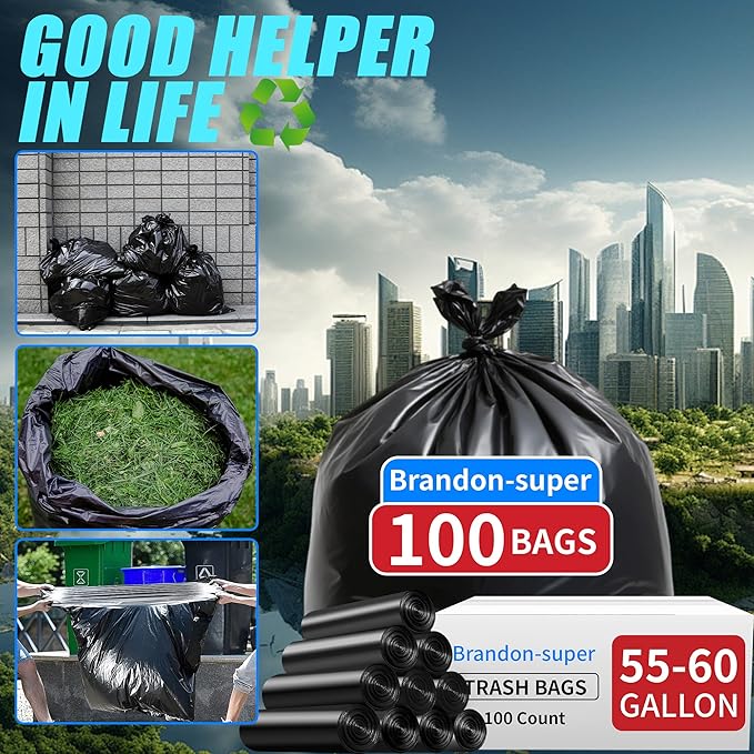 Brandon-super 55-60 Gallon Trash Bags, 100 count, Sturdy & Tear-Resistant Commercial Can Liners 55 Gallon, Large Garbage Bags, Large Black Trash Bags for Commercial, Lawn and Leaf Bags