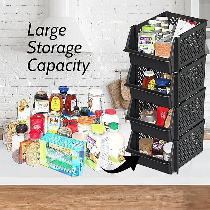 Skywin Plastic Stackable Storage Bins for Pantry - Stackable Bins for Organizing Food, Kitchen, and Bathroom Essentials (Black - 50 Pack)