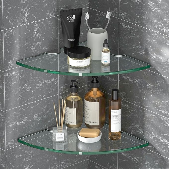 Corner Glass Shower Caddy 2 Pack 8MM-Thick Tempered Glass Shelf No Drilling Wall Mount Corner Mounted Shelves Space Saver Adhesive Bathroom Home Shelf Shampoo Holder Organizer Strong Adhesion