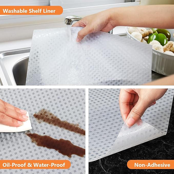 Shelf Liners for Kitchen Cabinets Refrigerator Liners Waterproof Kitchen Cupboard Liner Non-Slip Drawer Mats EVA Material Non Adhesive Fridge Liner for Shelves - Clear（17.5 x 236.2 Inches x 2 Rolls