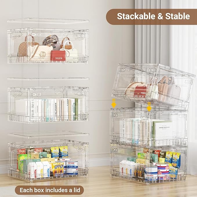 BROVIEW Clear Stackable Storage Drawers, Open Front Large Plastic Storage Bins with Lids, Foldable Closet Organizers and Storage for Wardrobe Cabinets, Pantry, Makeup,1 Pack