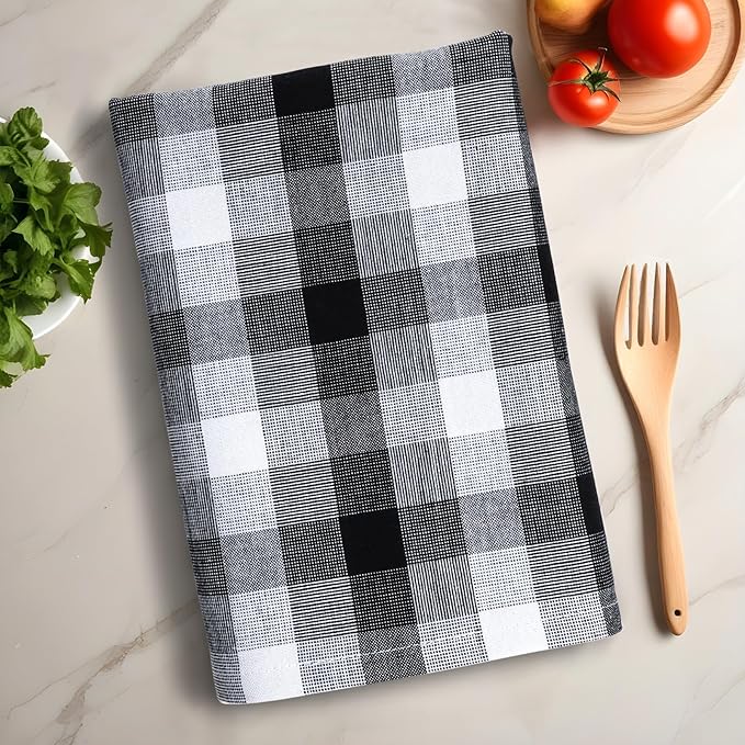 Kitchen Towels Set of 6 Black/White Checks 20x30 Inches 100% Cotton Highly Absorbent Kitchen Towels Premium Quality Ultra Soft Mitered Corners